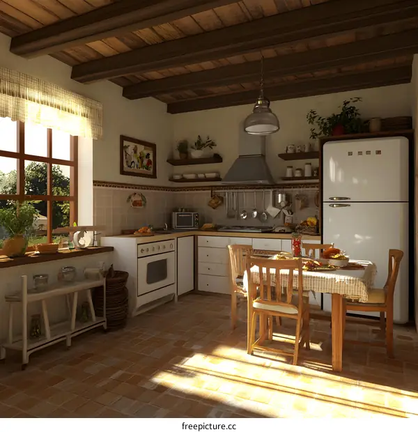 Rustic Kitchen Interior Design With Wooden Beams And White Cabinets