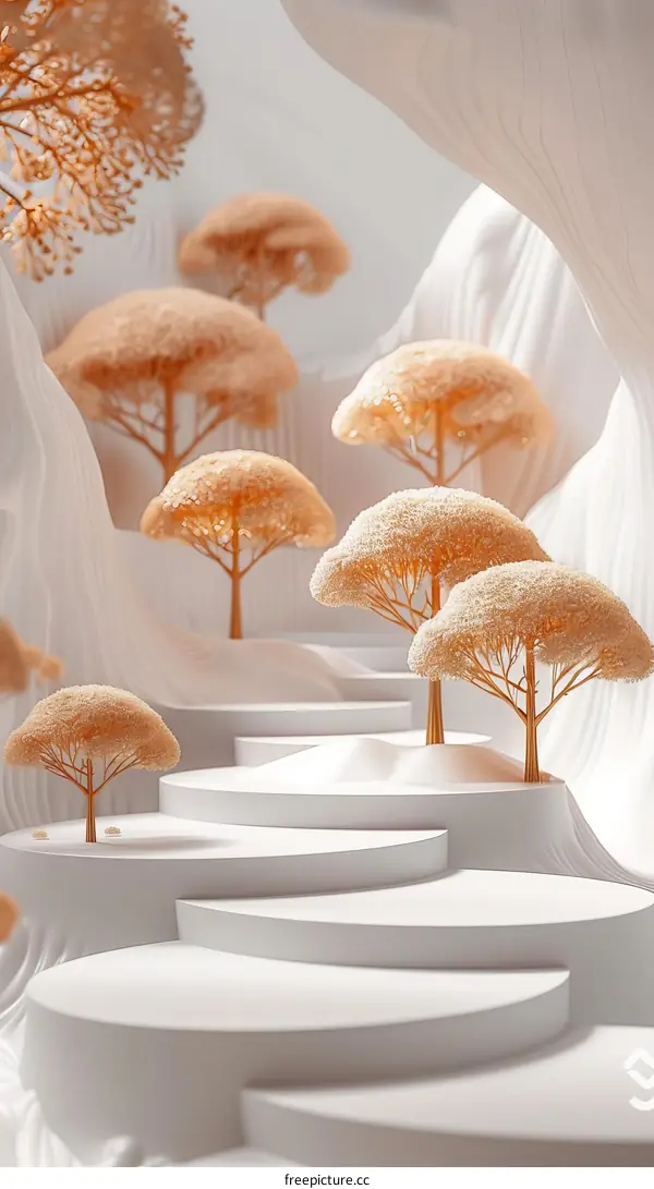 Surreal Landscape with White Podiums and Pink Trees