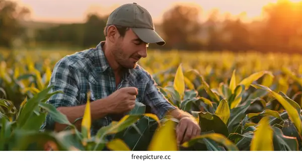 Agronomist examining corn crop at sunset