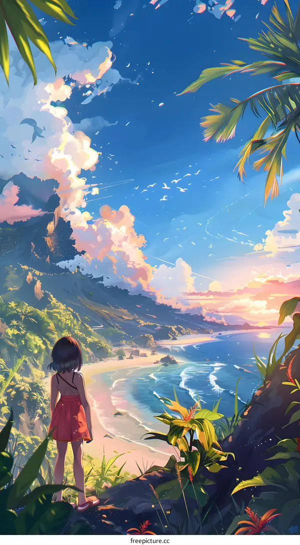 Girl Standing On Cliff Overlooking Ocean Beach