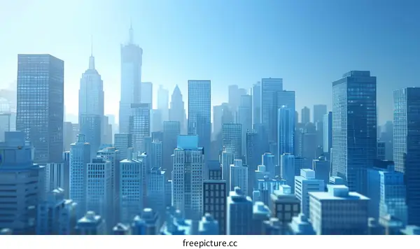 Blue City Skyline with Towering Skyscrapers