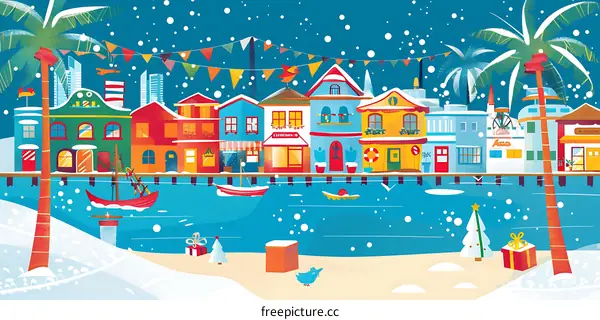 Christmas Winter Scene with Colorful Houses and Palm Trees