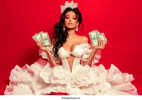 Gorgeous Woman in White Dress with Money