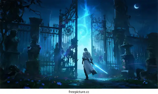 Mysterious Night Scene with Ancient Gate and Figure Holding Sword
