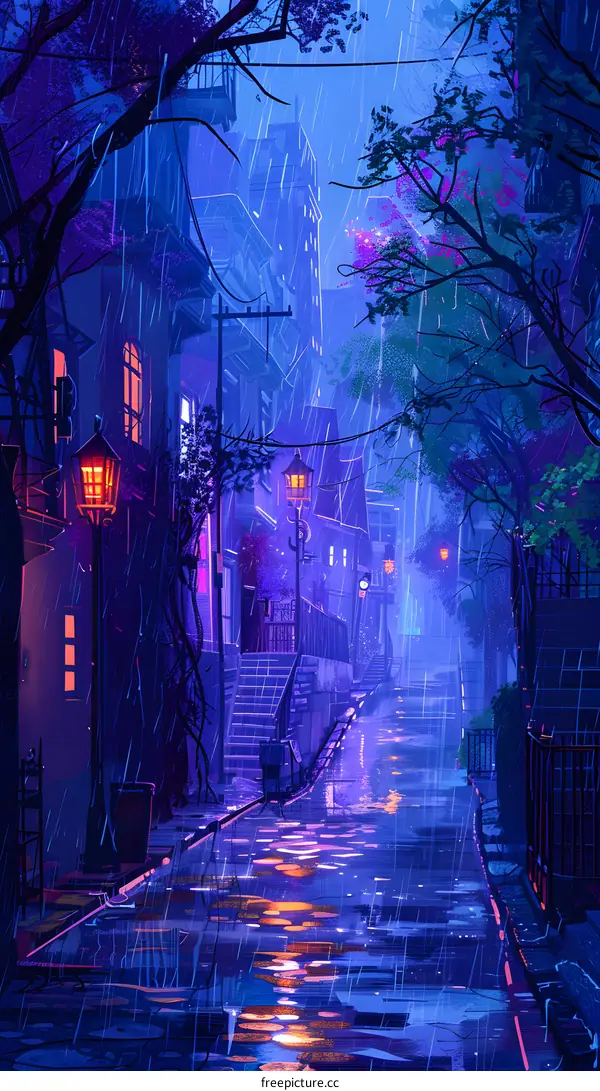 A lonely street in the rain with a blue sky and purple trees
