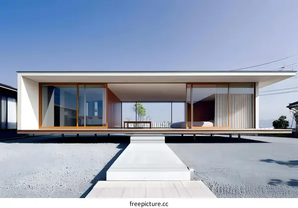 Modern Japanese House With Wooden Deck And Stone Walkway