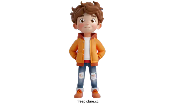 [Transparent Background PNG]Cartoon Boy in Orange Jacket Standing on White Background