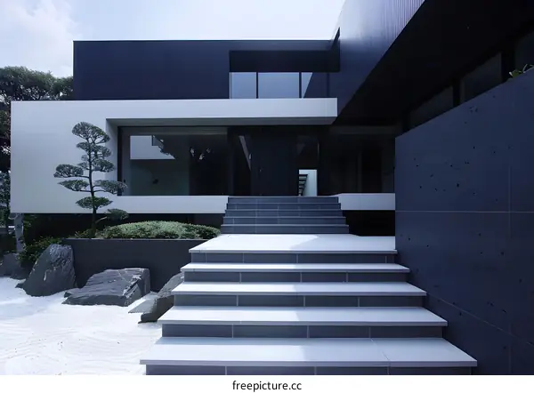 Modern House with Grey and White Facade and Stone Garden