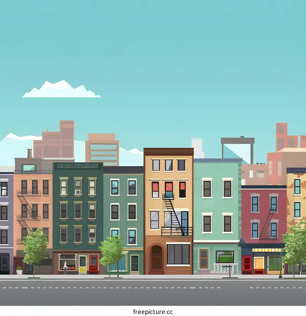 Colorful Row of Townhouses With Blue Sky