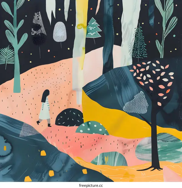 Woman Walking Through a Colorful Forest Illustration