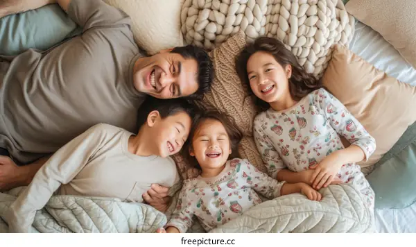 Happy family of four lying in bed together