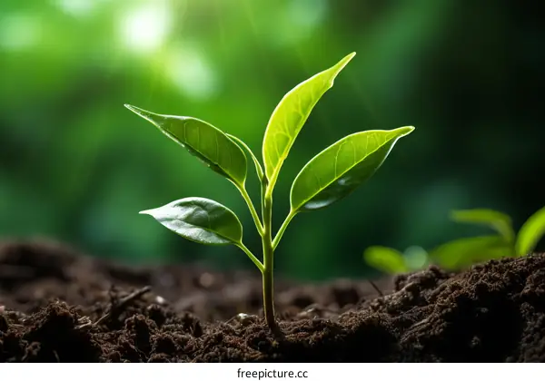A green shoot grows out of the soil toward the light