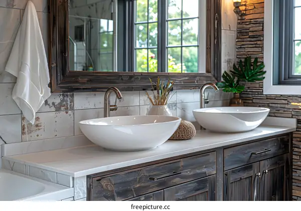 Rustic bathroom with double sinks and large mirrors