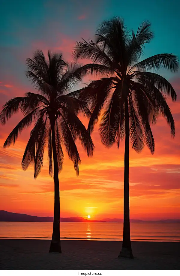Palm trees on a tropical beach at sunset