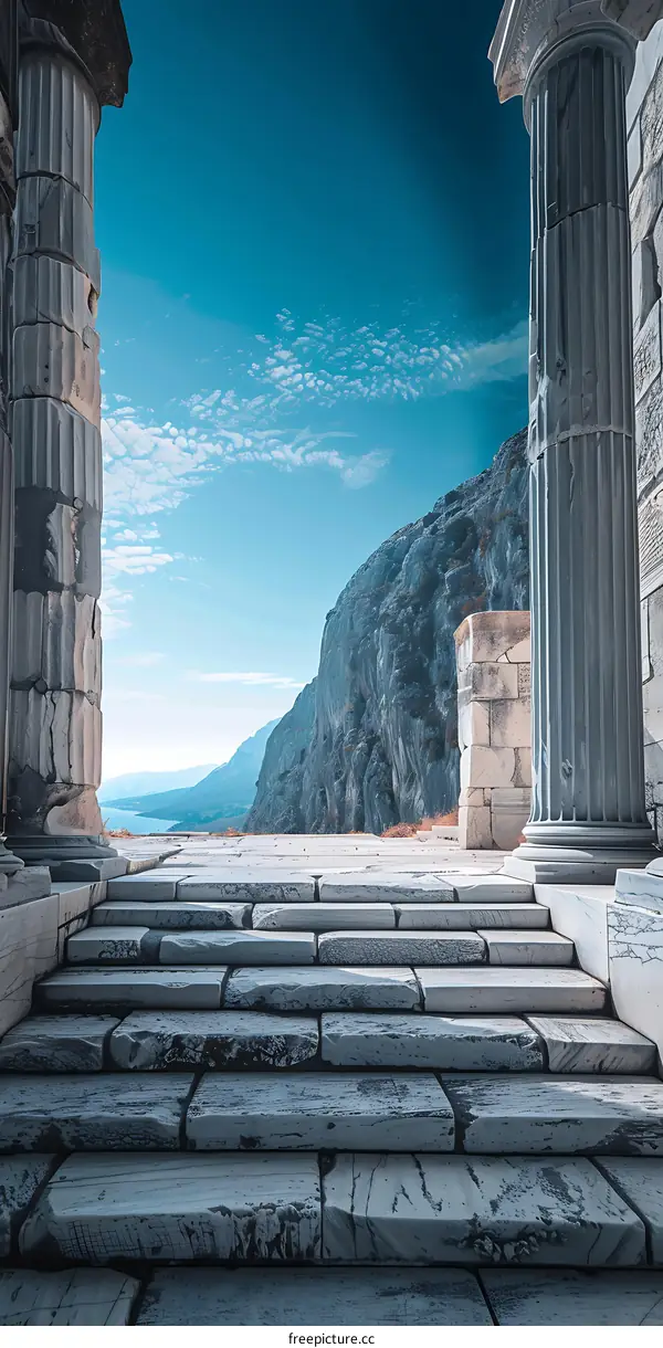 Ancient Greek Temple Ruins with View of Mountains and Sea