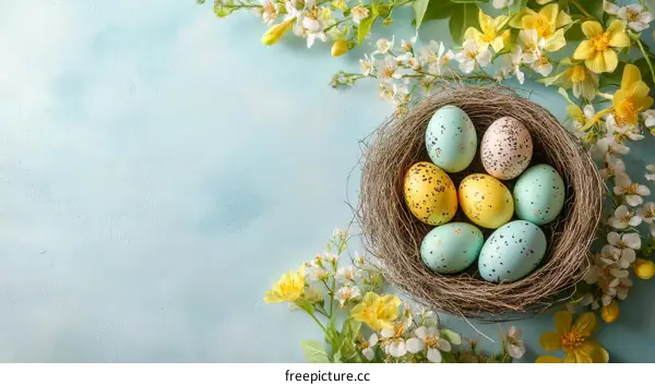 Easter Eggs in a Nest with Flowers