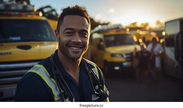 Smiling African American male paramedic in front of ambulance