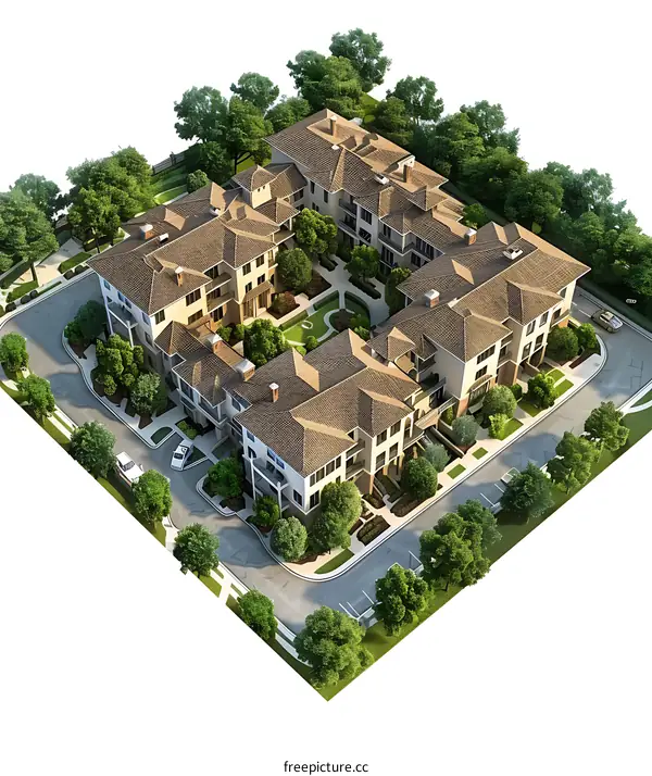 Aerial View of a Residential Development with Brown Roofs and Green Landscaping