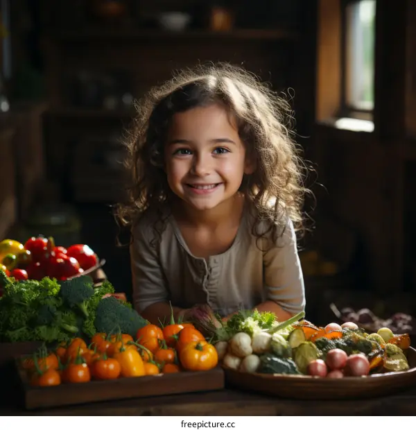 Little girl leaning on a table full of vegetables