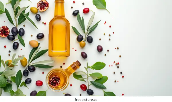 Olive oil and spices on white background