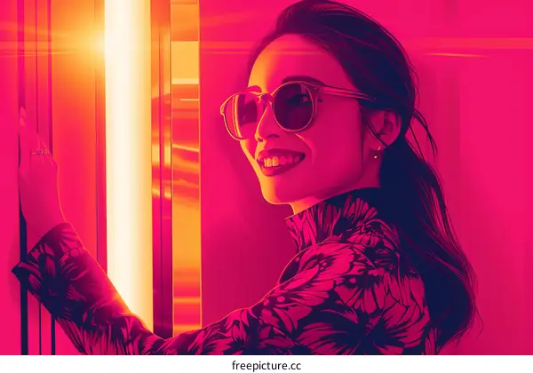 A smiling woman in sunglasses leans against a wall