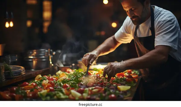 Chef is cooking vegetables and meat on a large grill