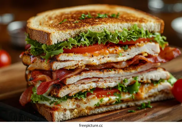 A delicious sandwich with turkey, bacon, tomato, and lettuce
