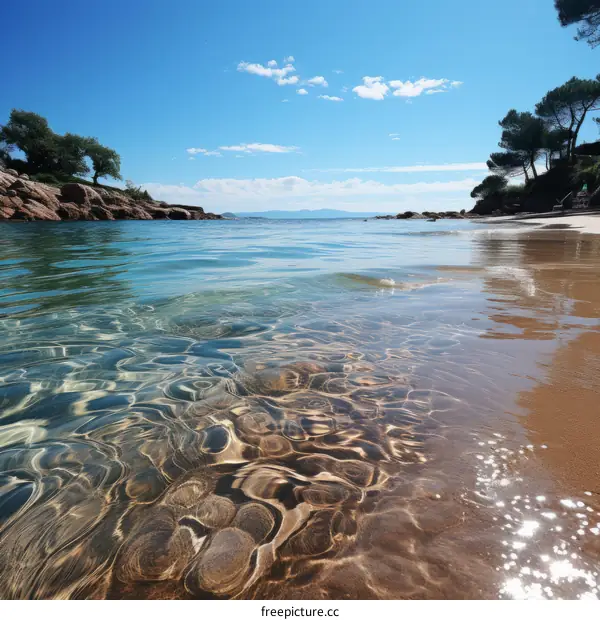 clear blue water with sandy beach and trees