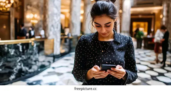 Woman Using Smartphone in Hotel Lobby