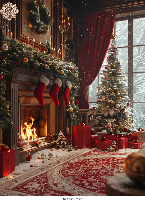 Christmas tree by the fireplace