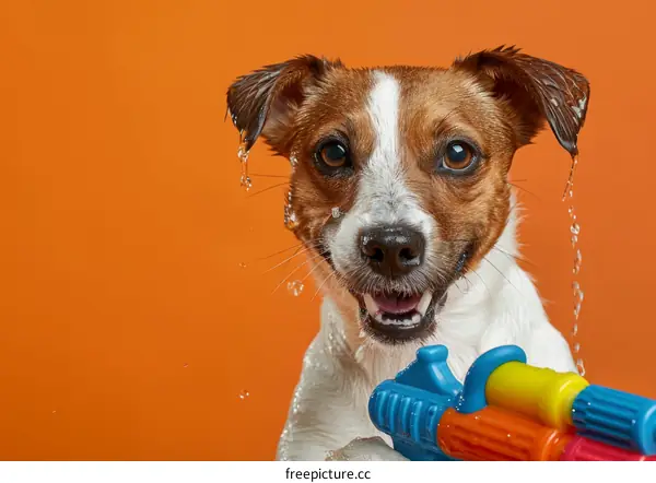A wet dog holding a water gun