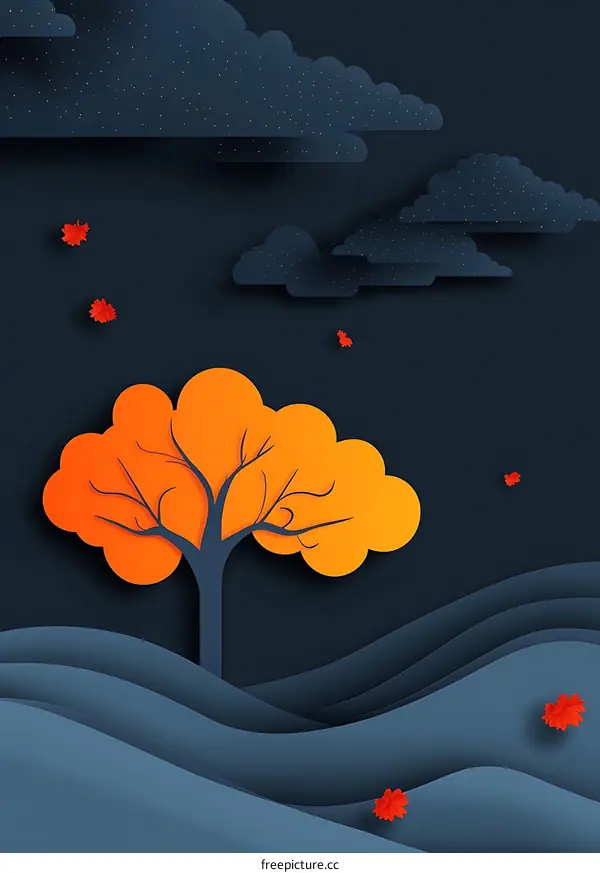 Paper Cut Autumn Tree Illustration With Blue Background And Stars