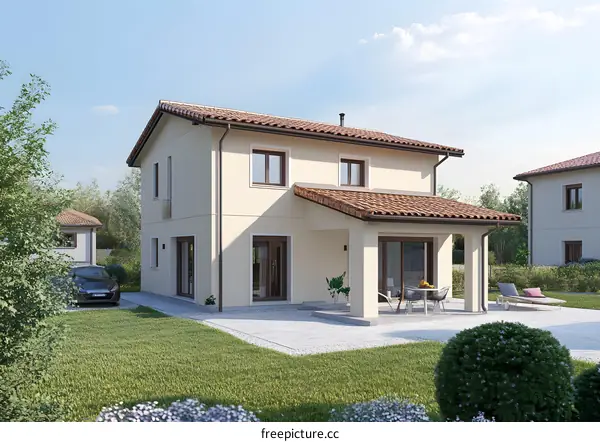 Modern Two Story Home with Patio and Green Lawn