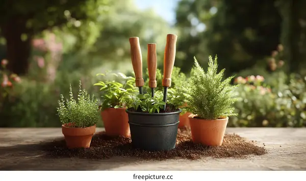 Gardening Tools and Plants in Pots