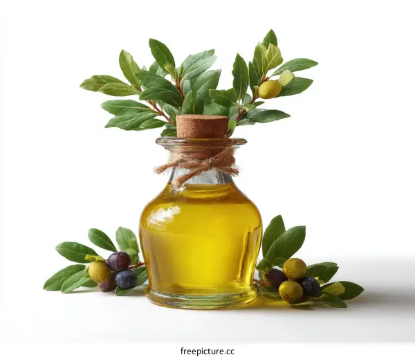 Olive oil bottle with green leaves and olives on white background