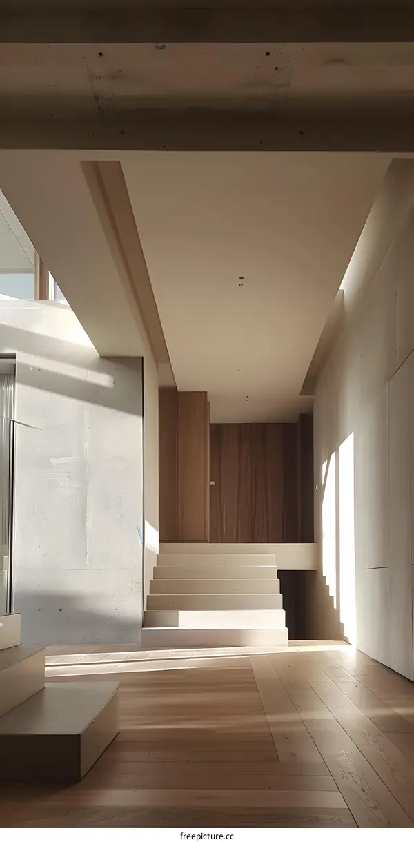 Modern Minimalist Interior Design of a Spacious Living Room with Concrete Walls, Wooden Floors and a Staircase