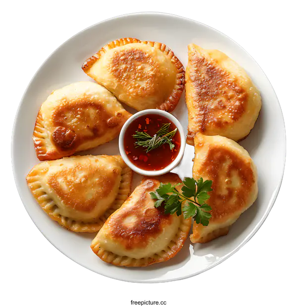 [Transparent Background PNG]Fried Dumplings on White Plate with Red Sauce