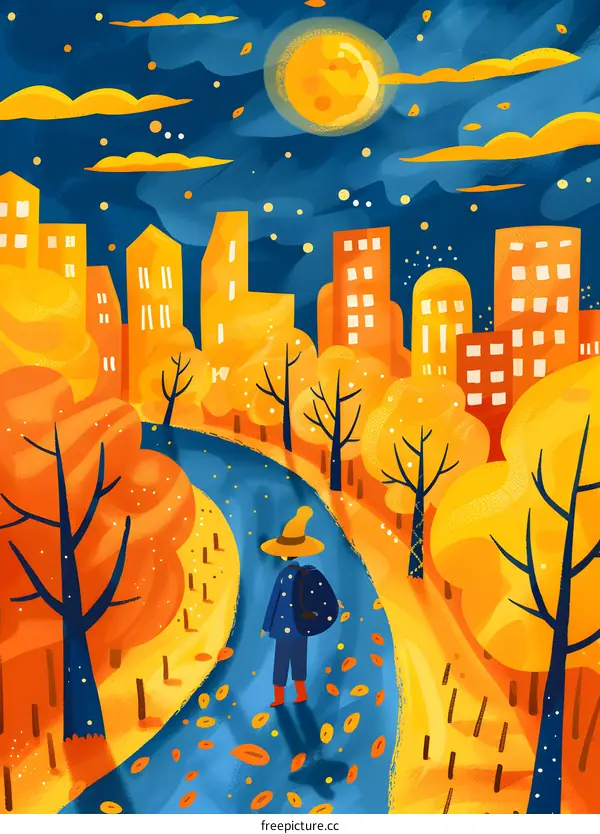 Night Cityscape with Person Walking Path