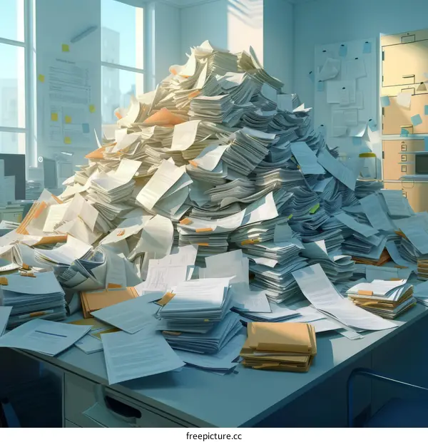 A large pile of documents and files in a messy office