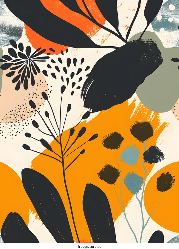 Abstract Floral Pattern with Brush Strokes and Geometric Shapes