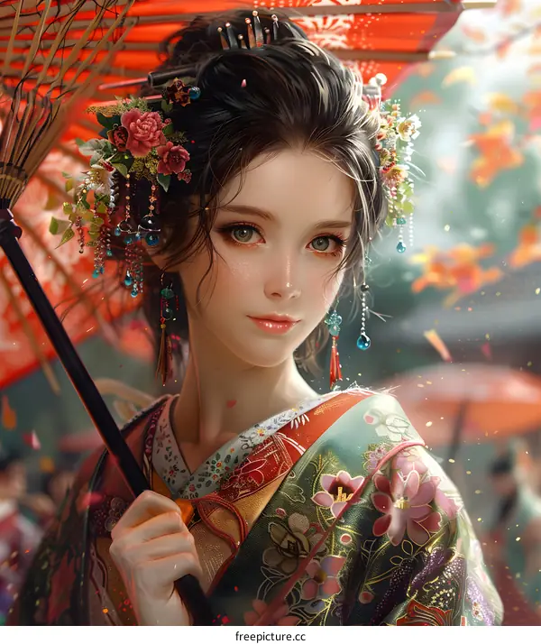 Beautiful Japanese Woman in Kimono with Red Umbrella