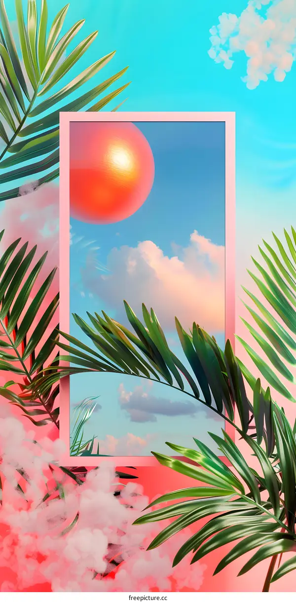 Abstract Summer Palm Tree Background with Pink Frame