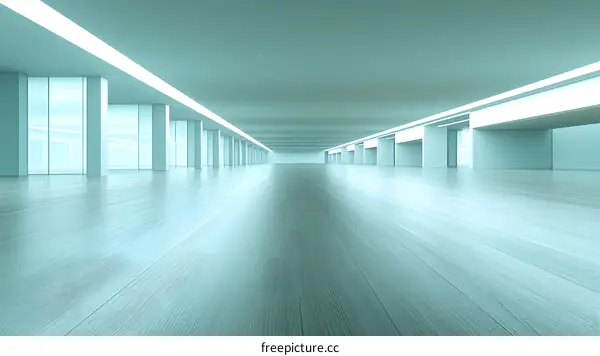 Empty White Hallway with Neon Lights and Wood Floor