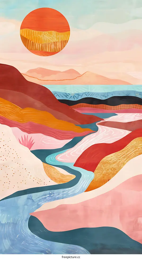 Abstract Art Landscape With a River, Mountains, and Sunset