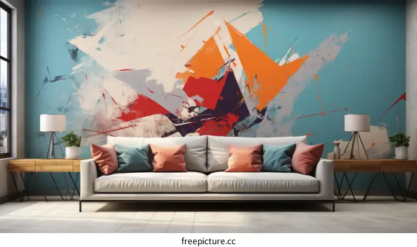 Artistic blue and orange abstract painting in living room