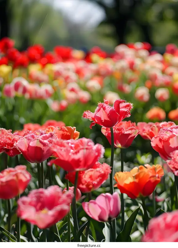 Closeup of Pink and Yellow Tulips in a Field