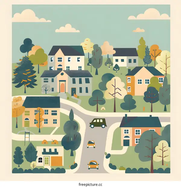 Illustrated Town Landscape with Houses and Cars