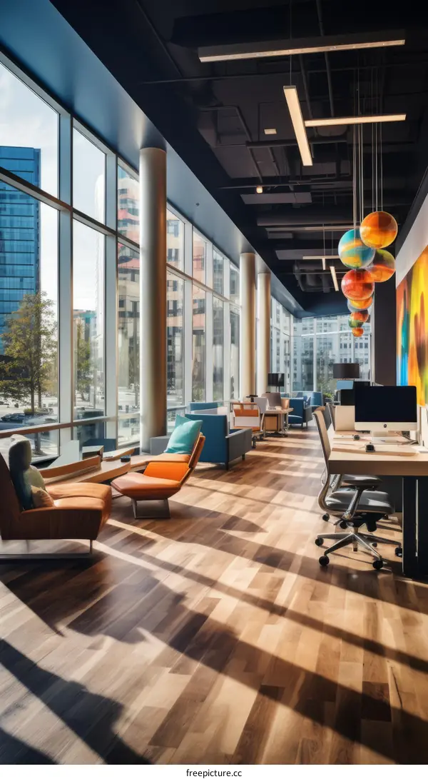 Modern office workspace with large windows and colorful furniture
