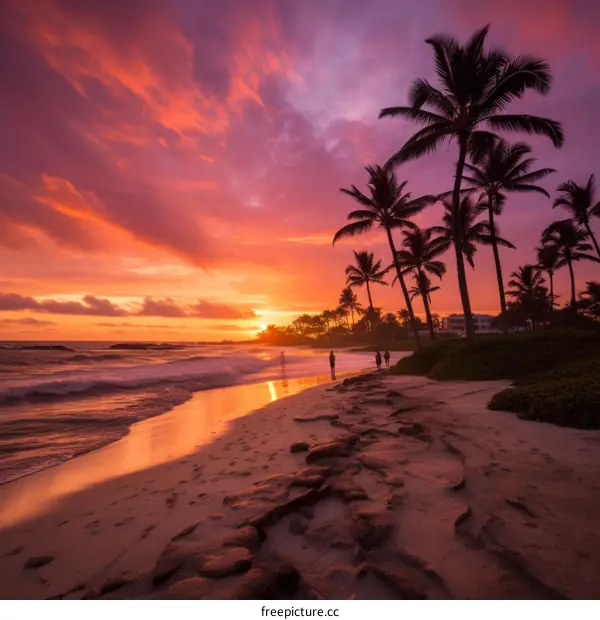 Beach sunset with palm trees and people walking
