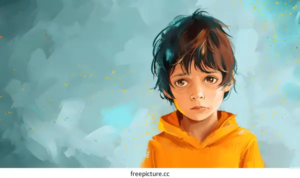 Portrait of a boy with brown hair and brown eyes wearing an orange hoodie